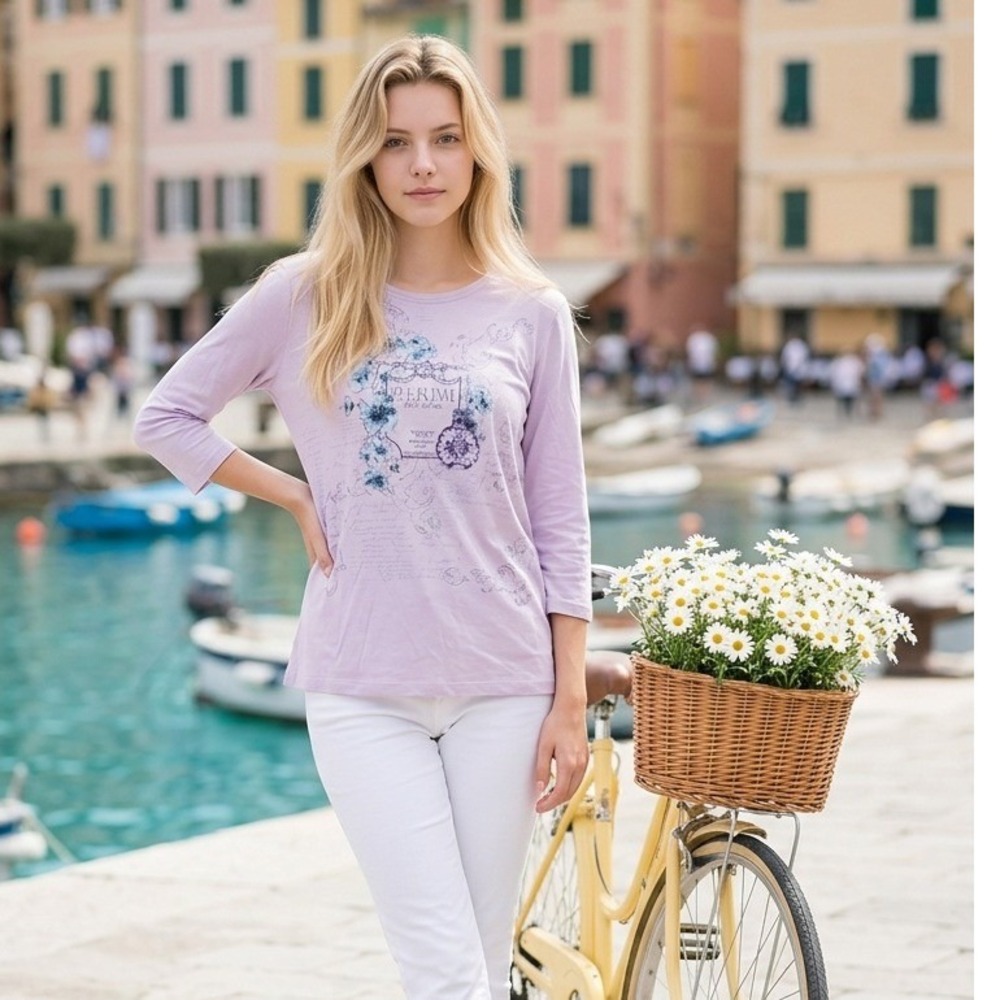 Nicole Miller New York Lavender Perfume Floral Graphic 3/4 Sleeve Top XL Purple